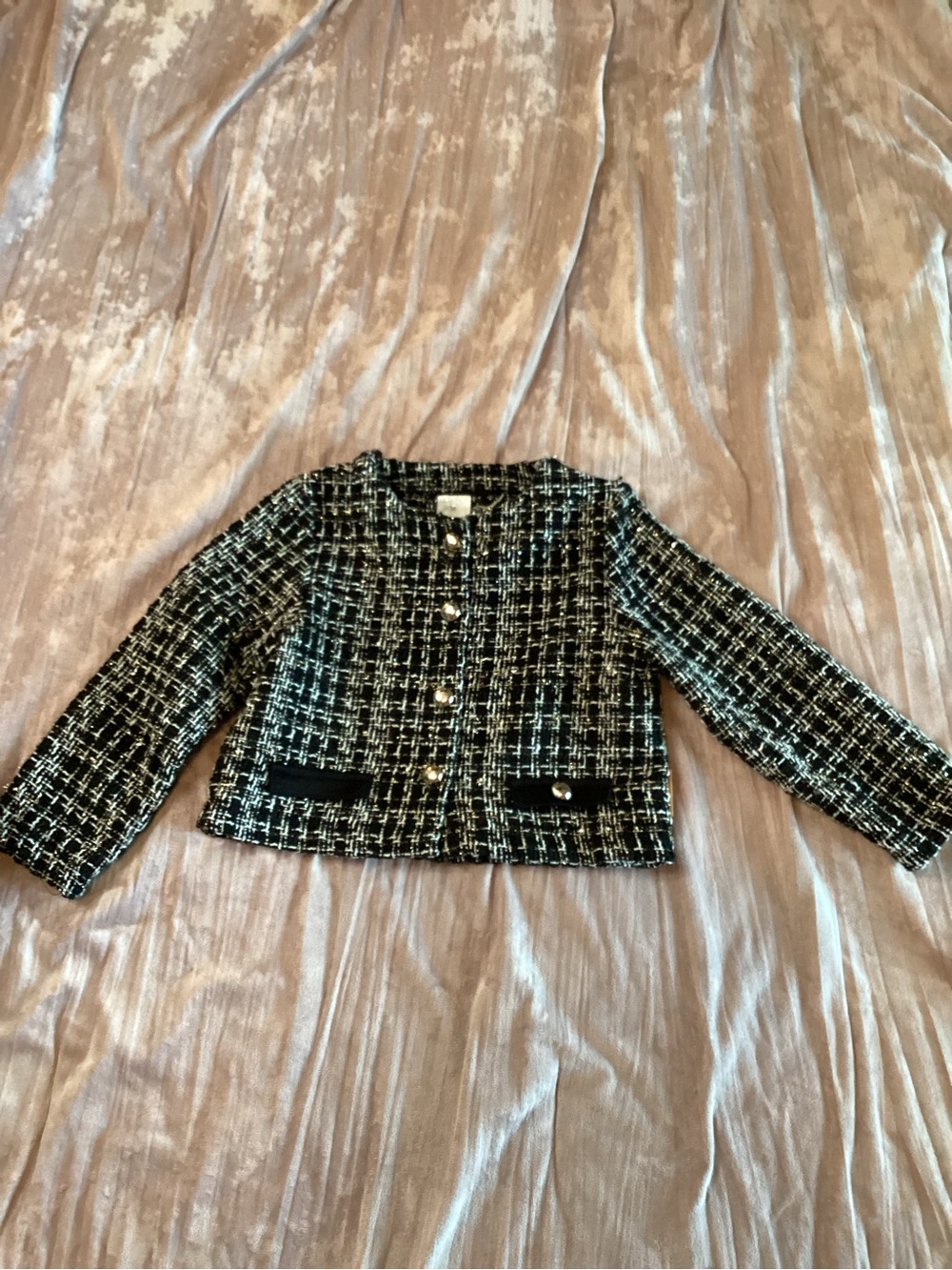 Toddler Girls' Black & White Tweed Cropped Jacket